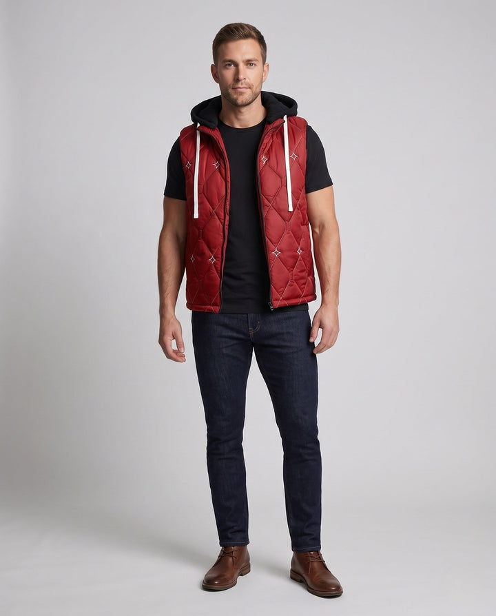 Men's diamond quilted hooded vest with fleece lining and concealed zipper
