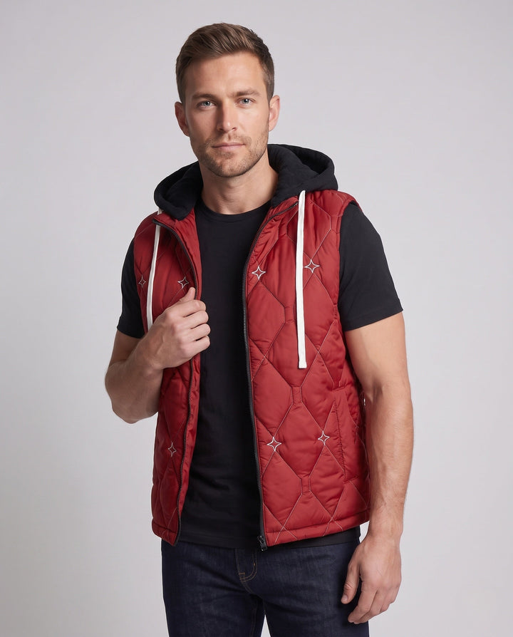 Men's diamond quilted hooded vest with fleece lining and concealed zipper