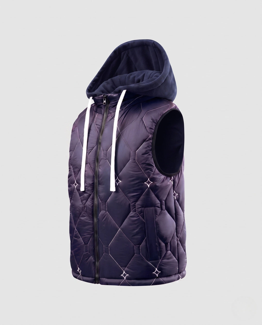 Men's diamond quilted hooded vest with fleece lining and concealed zipper