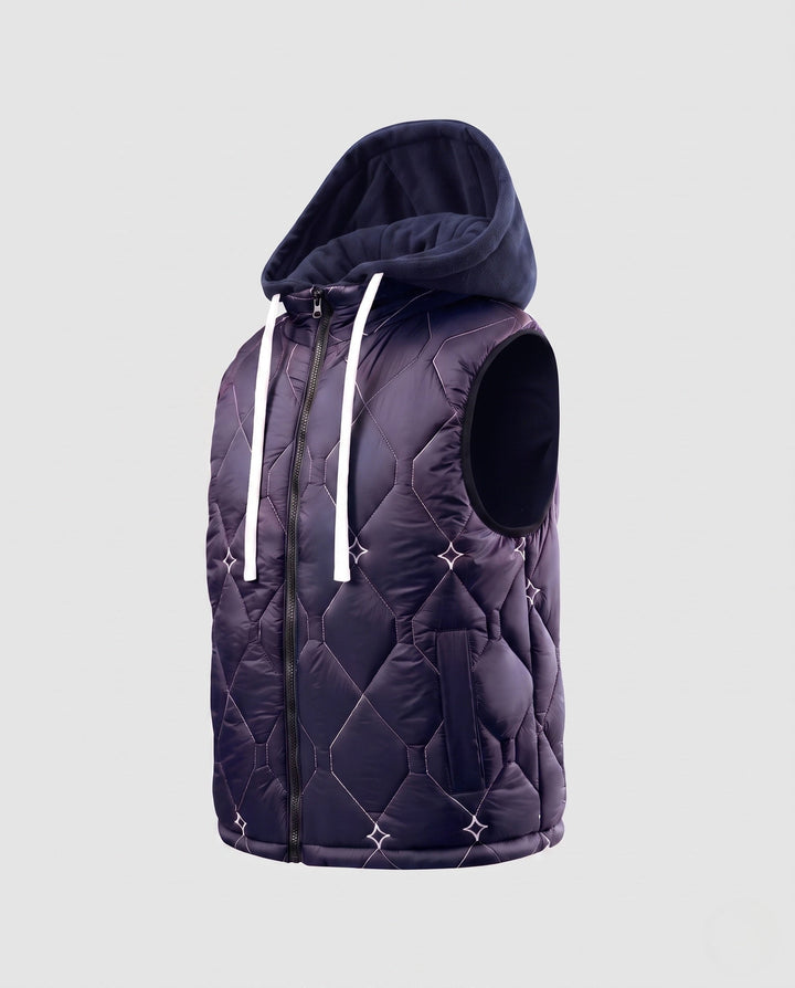 Men's diamond quilted hooded vest with fleece lining and concealed zipper