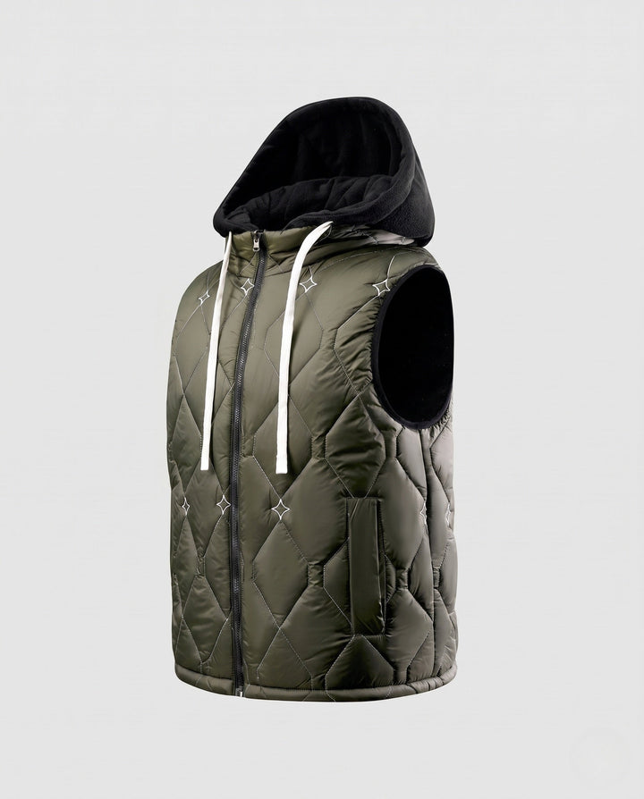 Men's diamond quilted hooded vest with fleece lining and concealed zipper