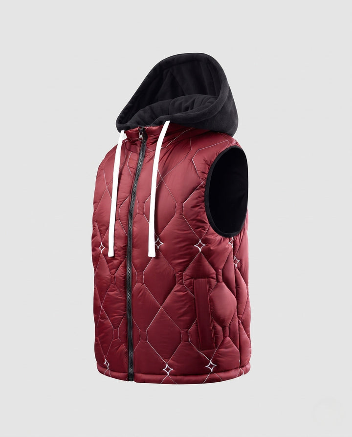 Men's diamond quilted hooded vest with fleece lining and concealed zipper