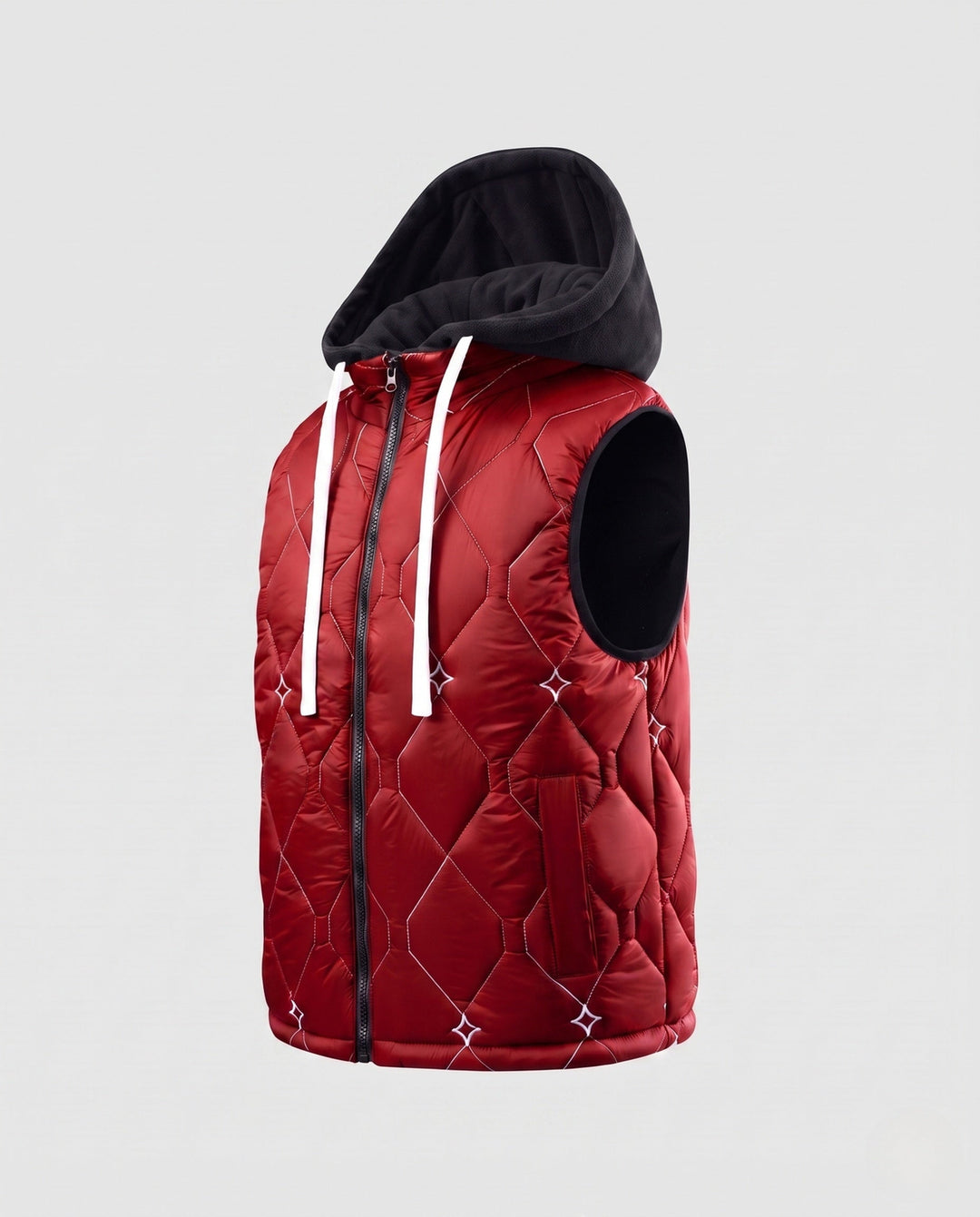 Men's diamond quilted hooded vest with fleece lining and concealed zipper