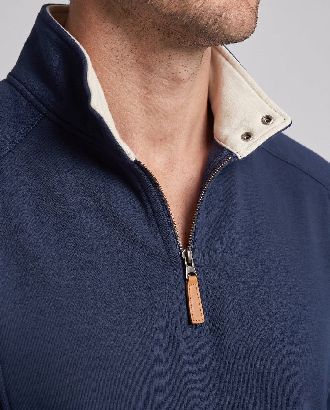 Men's Relaxed Half-Zip Sweatshirt with Contrasted Stand Collar and Snap Button Details
