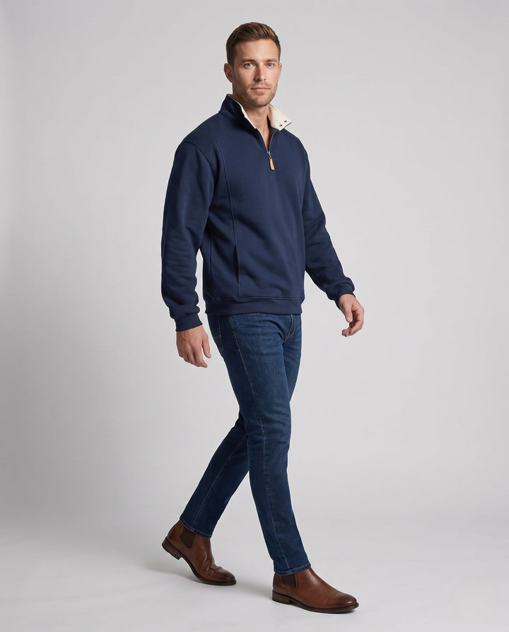 Men's Relaxed Half-Zip Sweatshirt with Contrasted Stand Collar and Snap Button Details