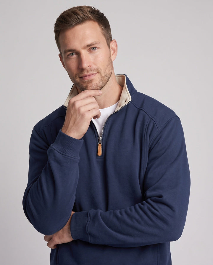 Men's Relaxed Half-Zip Sweatshirt with Contrasted Stand Collar and Snap Button Details