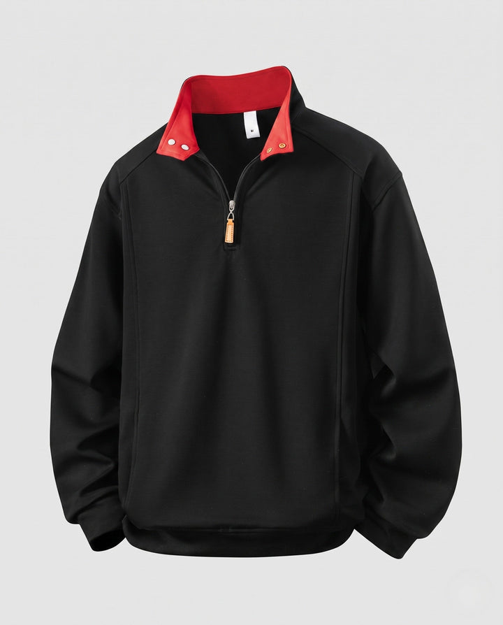 Men's Relaxed Half-Zip Sweatshirt with Contrasted Stand Collar and Snap Button Details