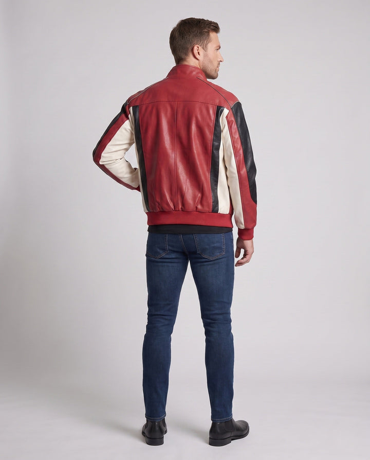 Men's racing driver-inspired faux leather jacket with logo prints and stand-up collar