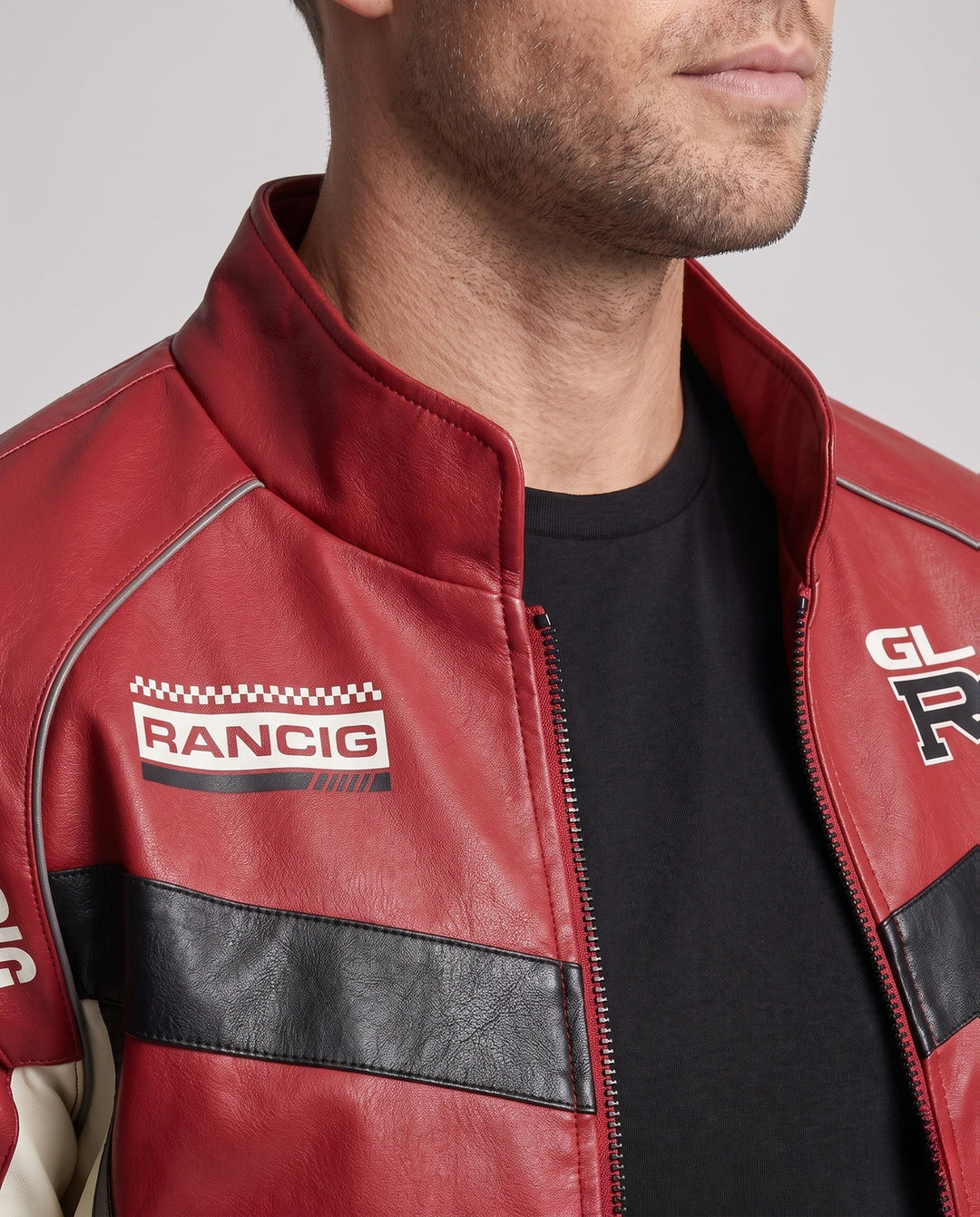 Men's racing driver-inspired faux leather jacket with logo prints and stand-up collar