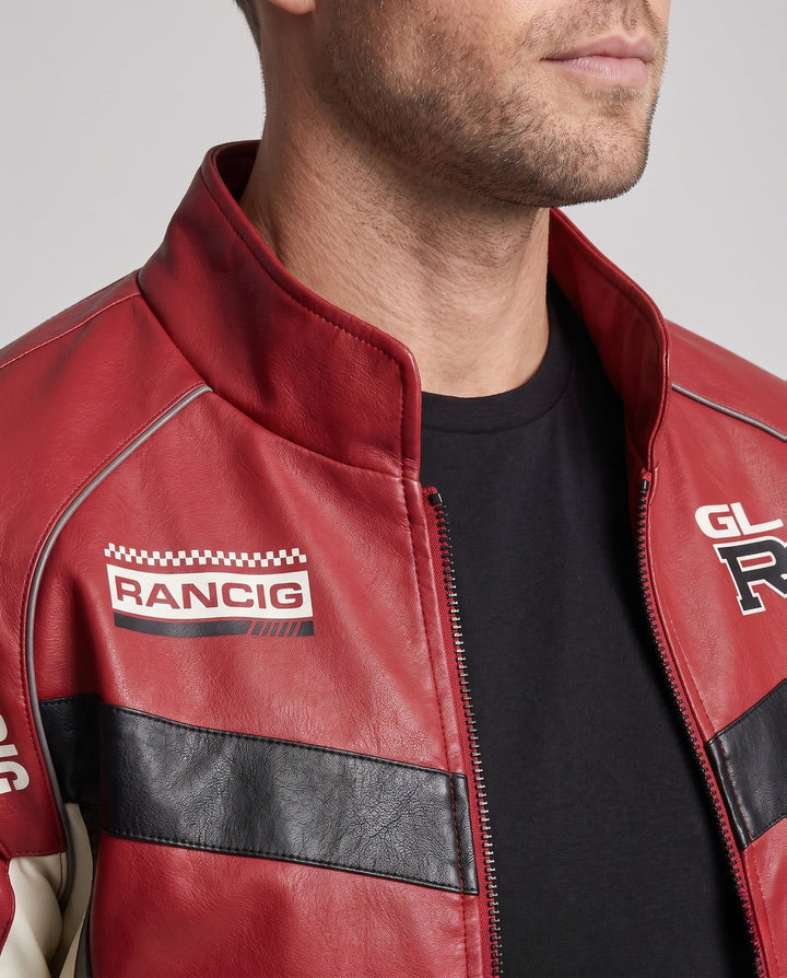 Men's racing driver-inspired faux leather jacket with logo prints and stand-up collar