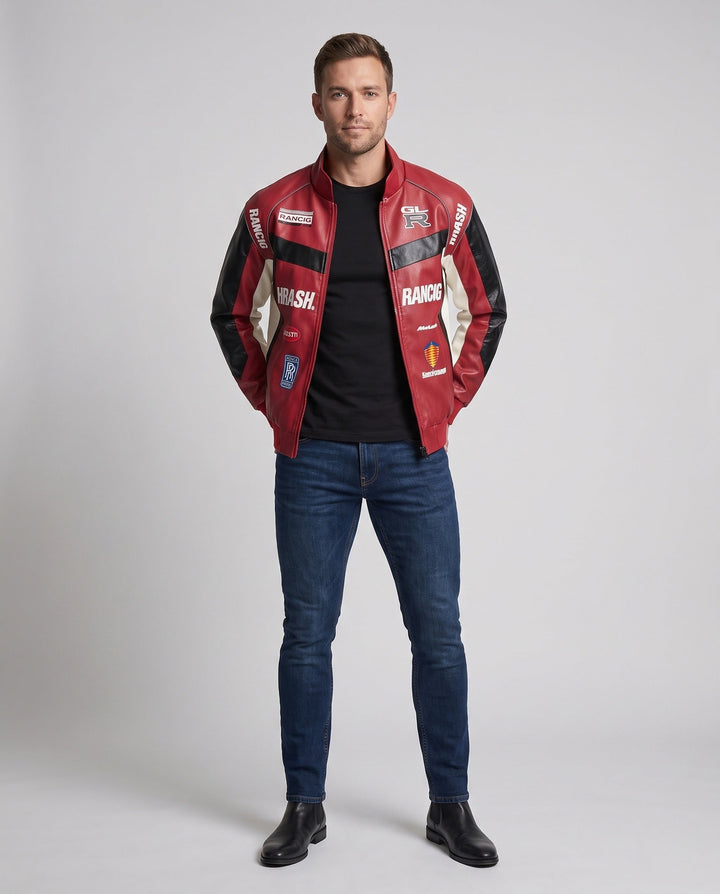 Men's racing driver-inspired faux leather jacket with logo prints and stand-up collar