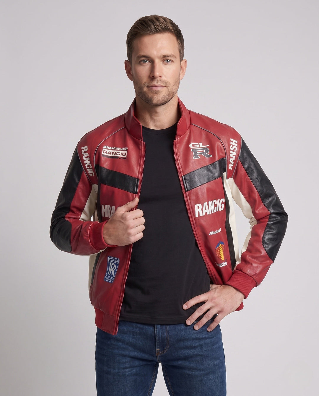 Men's racing driver-inspired faux leather jacket with logo prints and stand-up collar