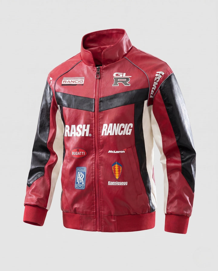 Men's racing driver-inspired faux leather jacket with logo prints and stand-up collar