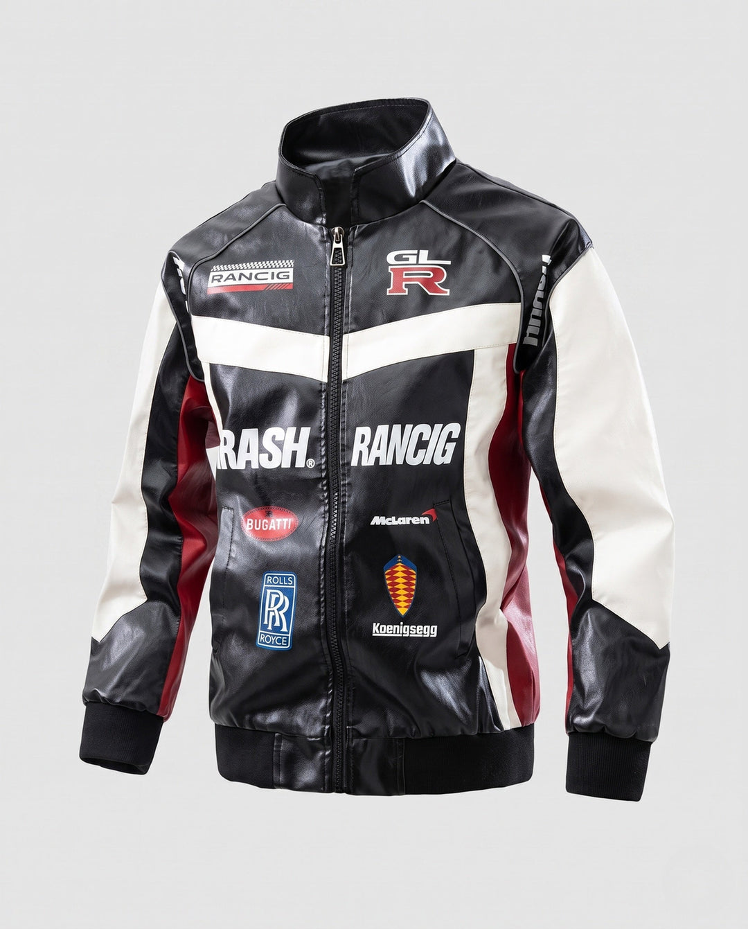 Men's racing driver-inspired faux leather jacket with logo prints and stand-up collar