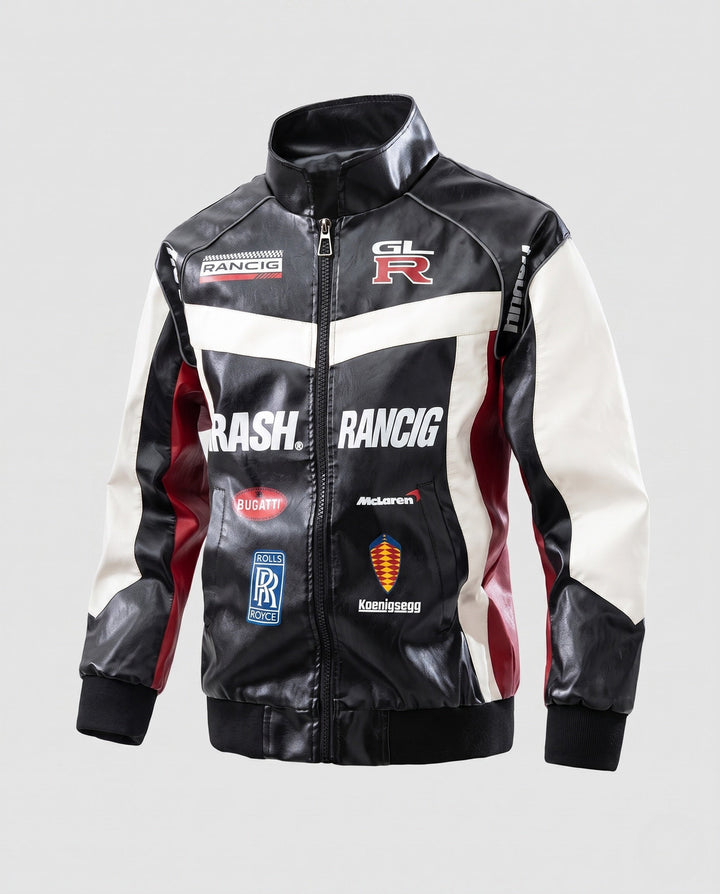 Men's racing driver-inspired faux leather jacket with logo prints and stand-up collar
