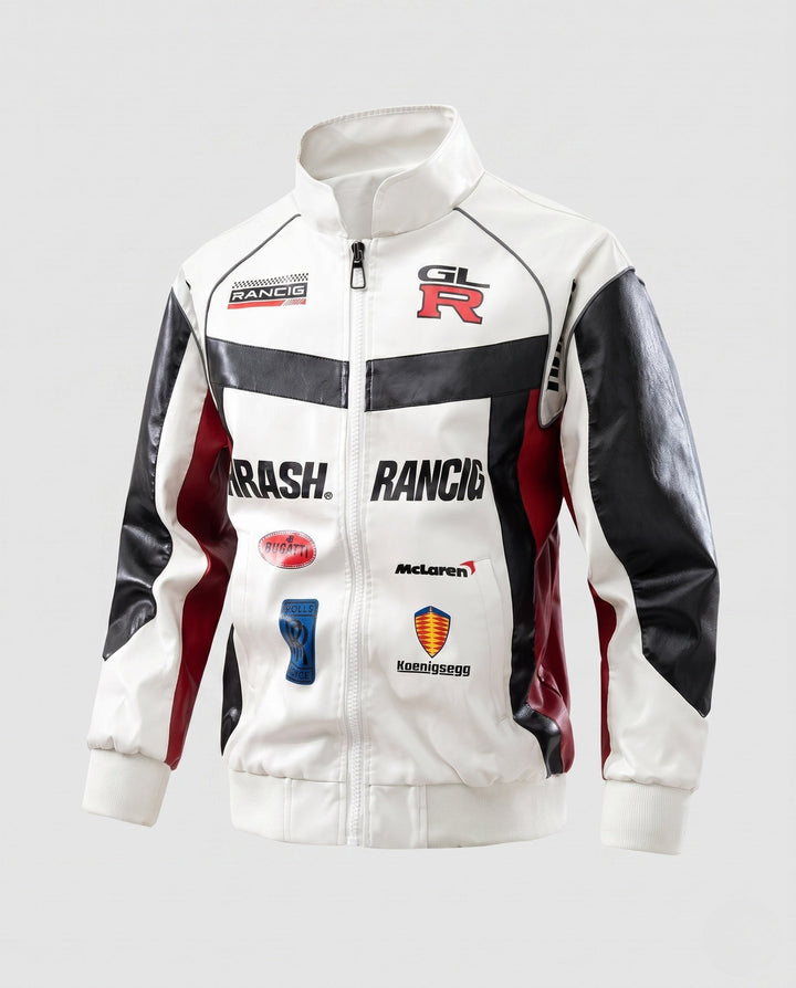 Men's racing driver-inspired faux leather jacket with logo prints and stand-up collar