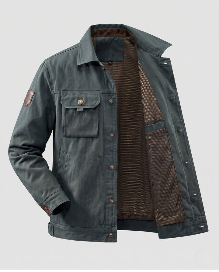 Men's robust canvas field jacket with wind-resistant membrane, chest flap pockets and reinforced snap buttons