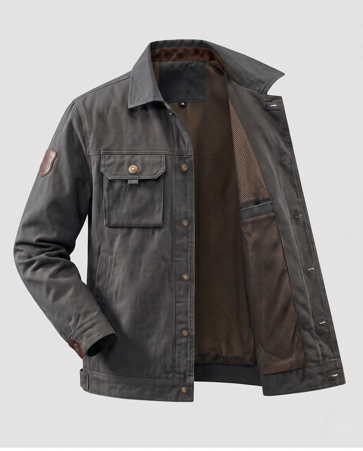 Men's robust canvas field jacket with wind-resistant membrane, chest flap pockets and reinforced snap buttons