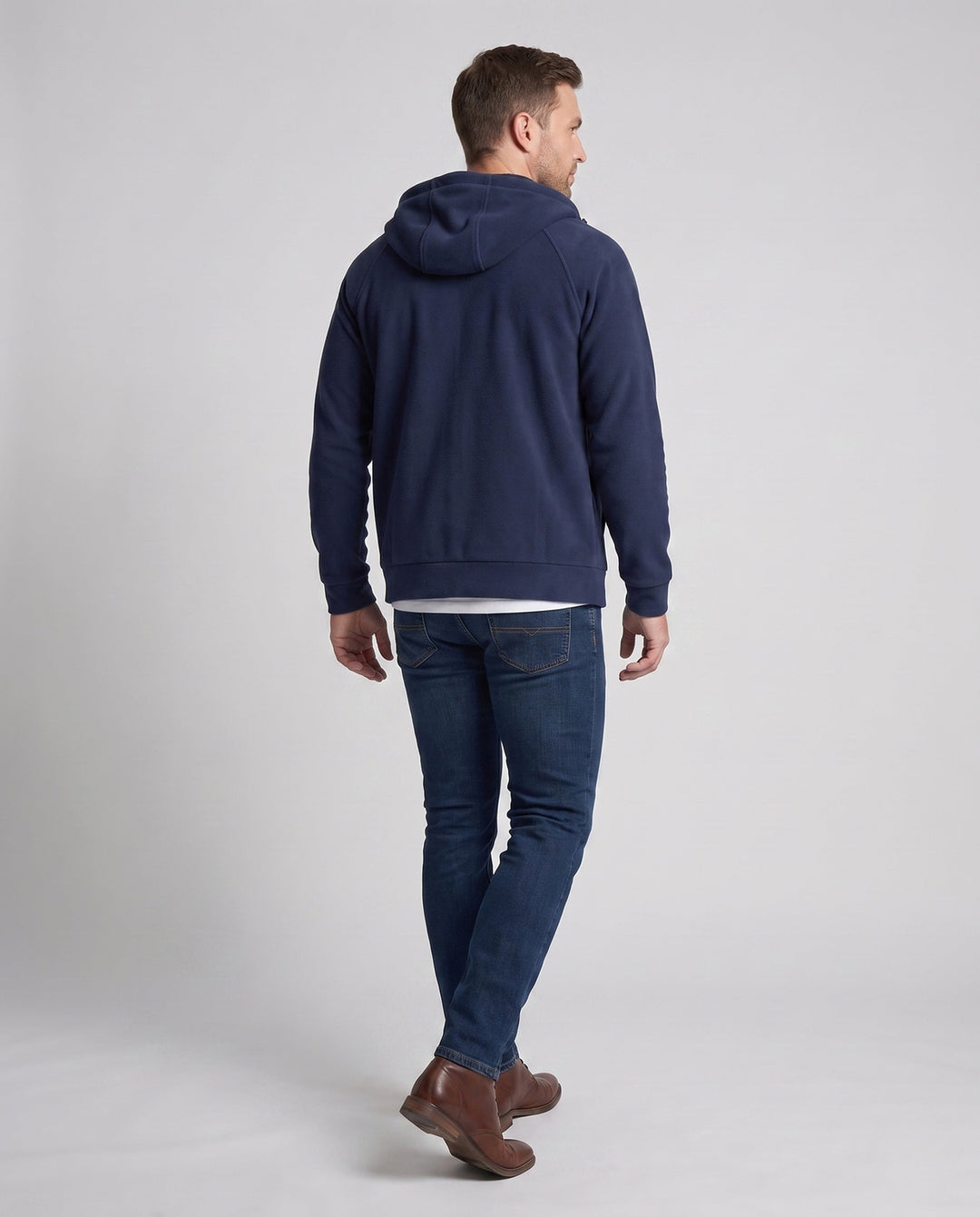 Men's structured hooded fleece jacket with raglan sleeves and kangaroo pockets