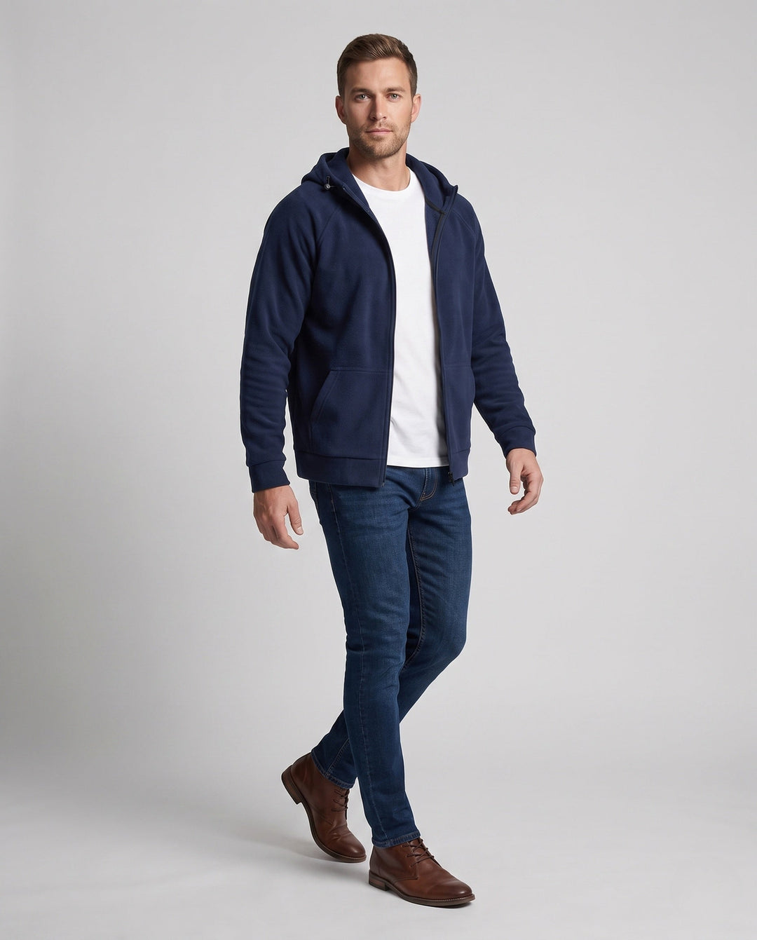 Men's structured hooded fleece jacket with raglan sleeves and kangaroo pockets