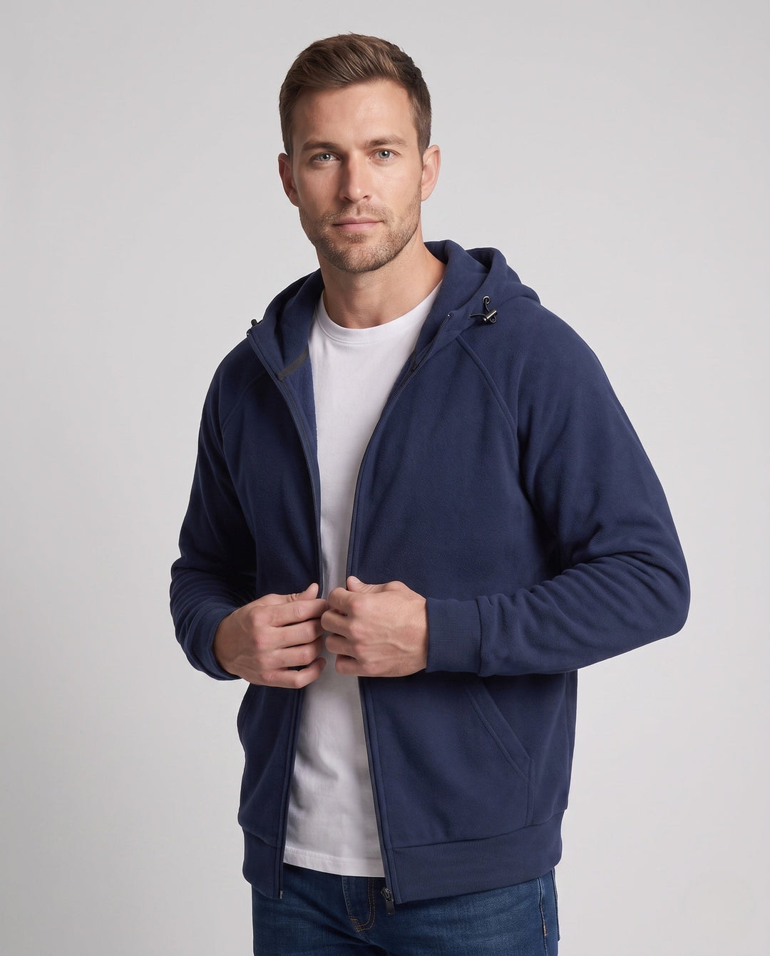 Men's structured hooded fleece jacket with raglan sleeves and kangaroo pockets