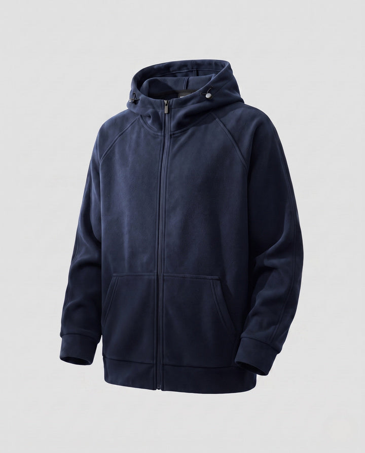 Men's structured hooded fleece jacket with raglan sleeves and kangaroo pockets