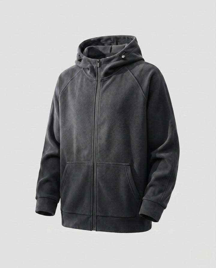 Men's structured hooded fleece jacket with raglan sleeves and kangaroo pockets