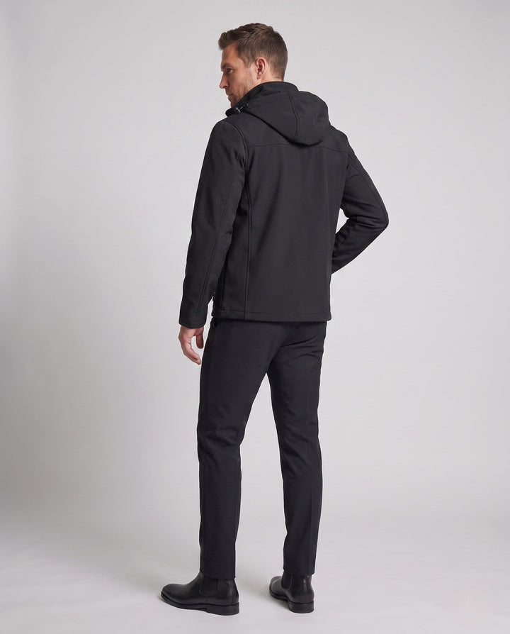 Men's technical softshell hoodie jacket with windproof membrane, adjustable hood and concealed zip pockets