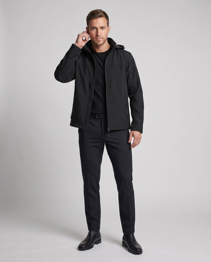 Men's technical softshell hoodie jacket with windproof membrane, adjustable hood and concealed zip pockets