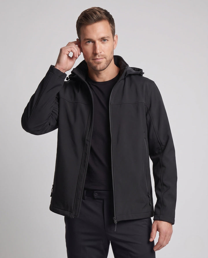 Men's technical softshell hoodie jacket with windproof membrane, adjustable hood and concealed zip pockets
