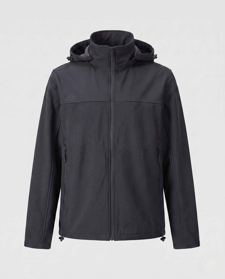 Men's technical softshell hoodie jacket with windproof membrane, adjustable hood and concealed zip pockets