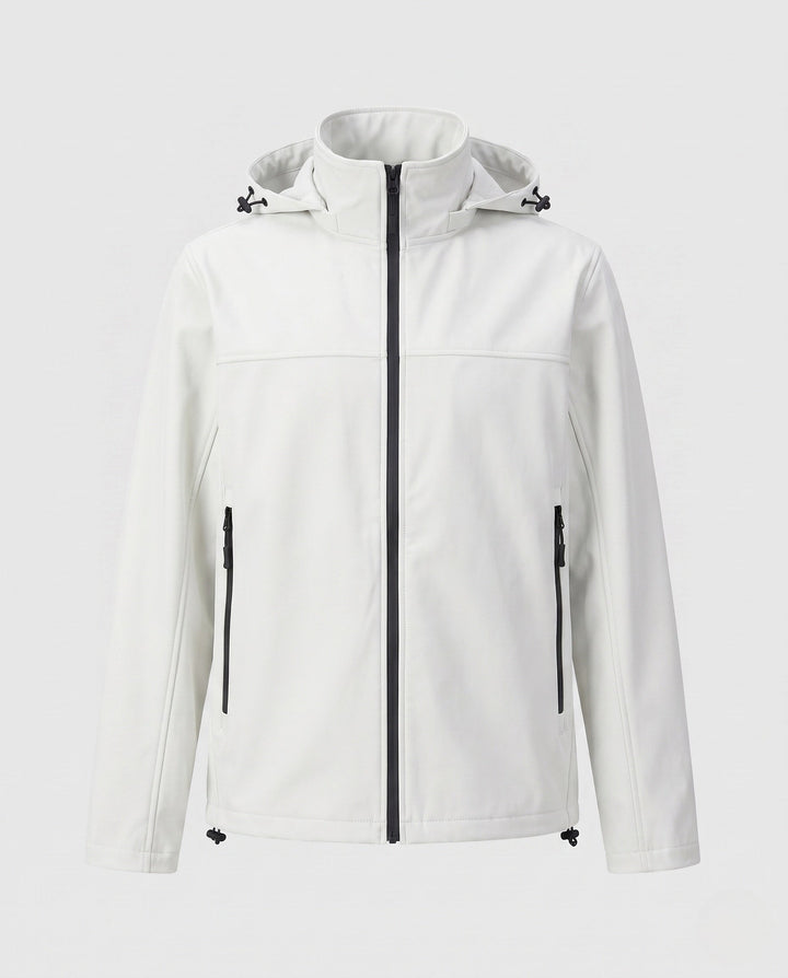 Men's technical softshell hoodie jacket with windproof membrane, adjustable hood and concealed zip pockets