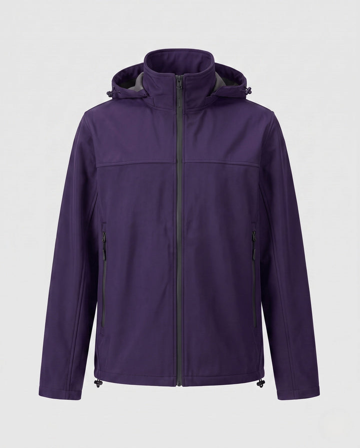 Men's technical softshell hoodie jacket with windproof membrane, adjustable hood and concealed zip pockets