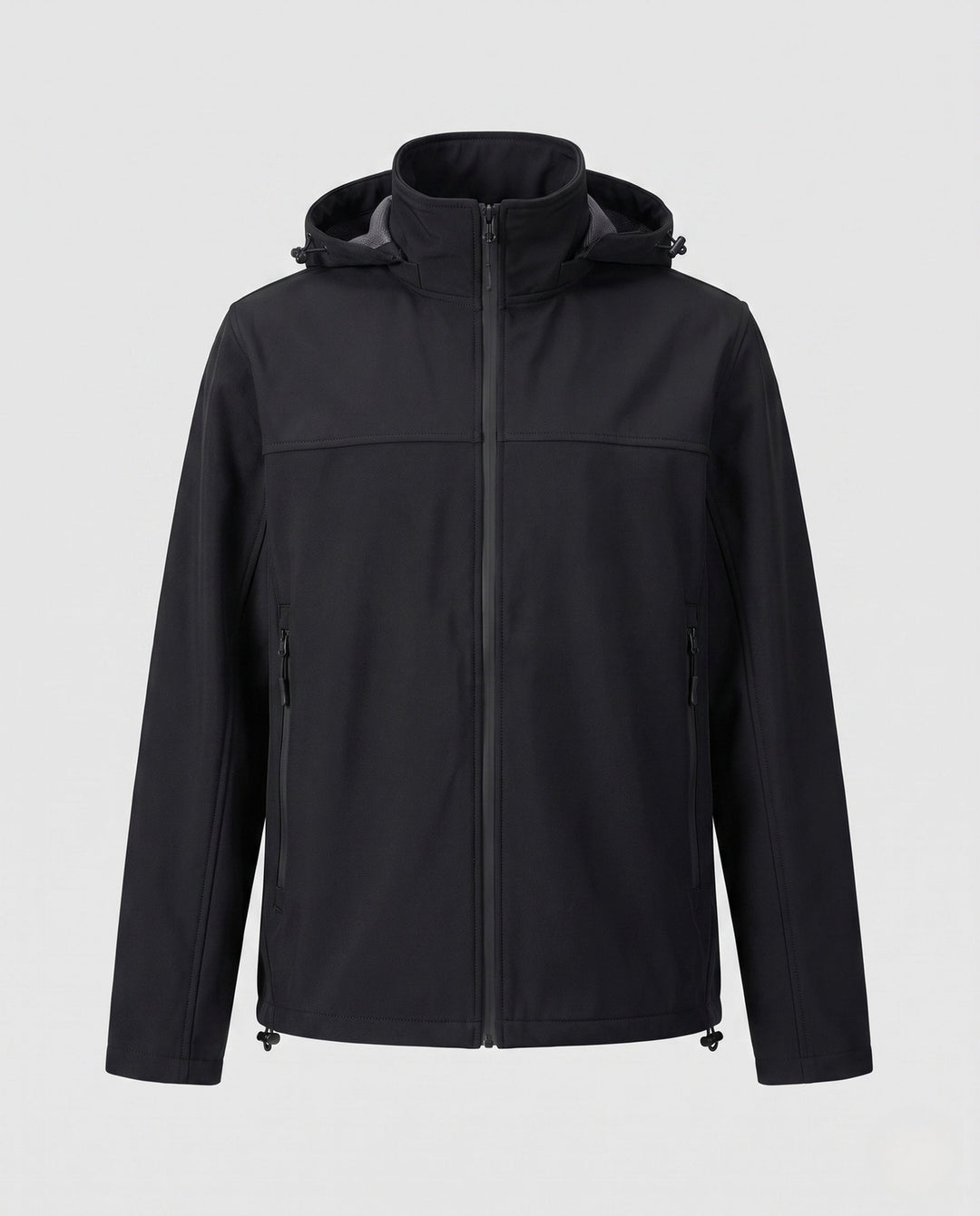 Men's technical softshell hoodie jacket with windproof membrane, adjustable hood and concealed zip pockets