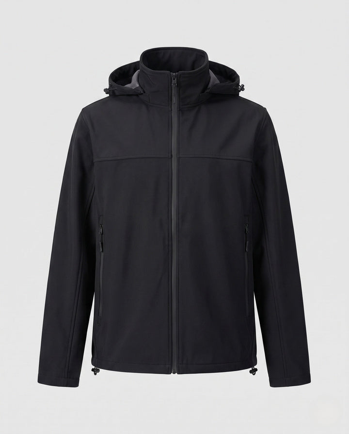 Men's technical softshell hoodie jacket with windproof membrane, adjustable hood and concealed zip pockets