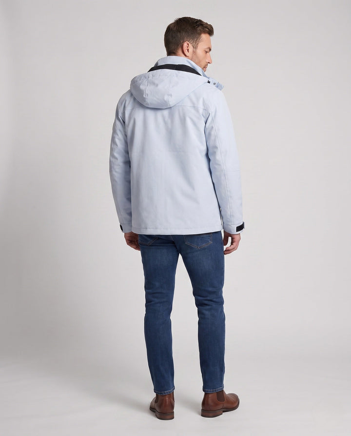 Men's technical, wind- and water-repellent hooded jacket with concealed front placket and multiple zip pockets