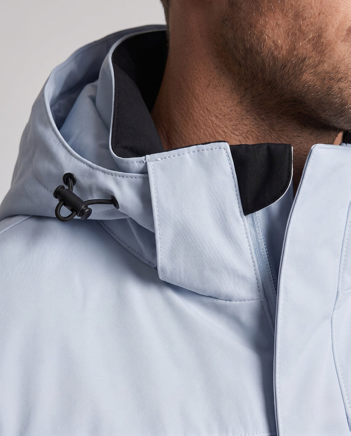 Men's technical, wind- and water-repellent hooded jacket with concealed front placket and multiple zip pockets