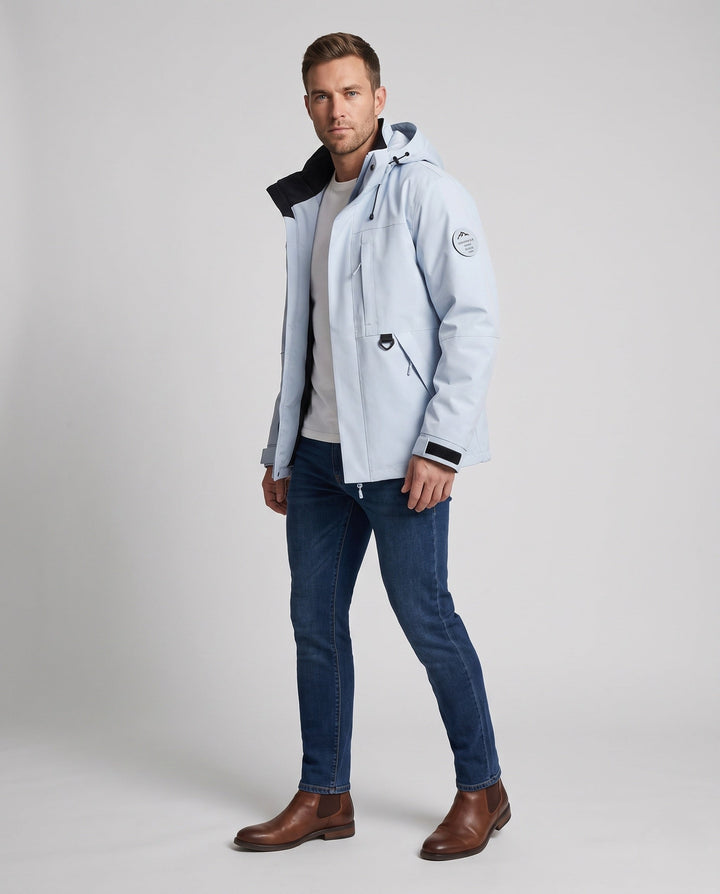 Men's technical, wind- and water-repellent hooded jacket with concealed front placket and multiple zip pockets