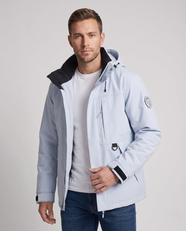 Men's technical, wind- and water-repellent hooded jacket with concealed front placket and multiple zip pockets