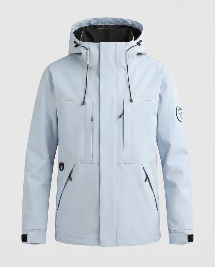 Men's technical, wind- and water-repellent hooded jacket with concealed front placket and multiple zip pockets