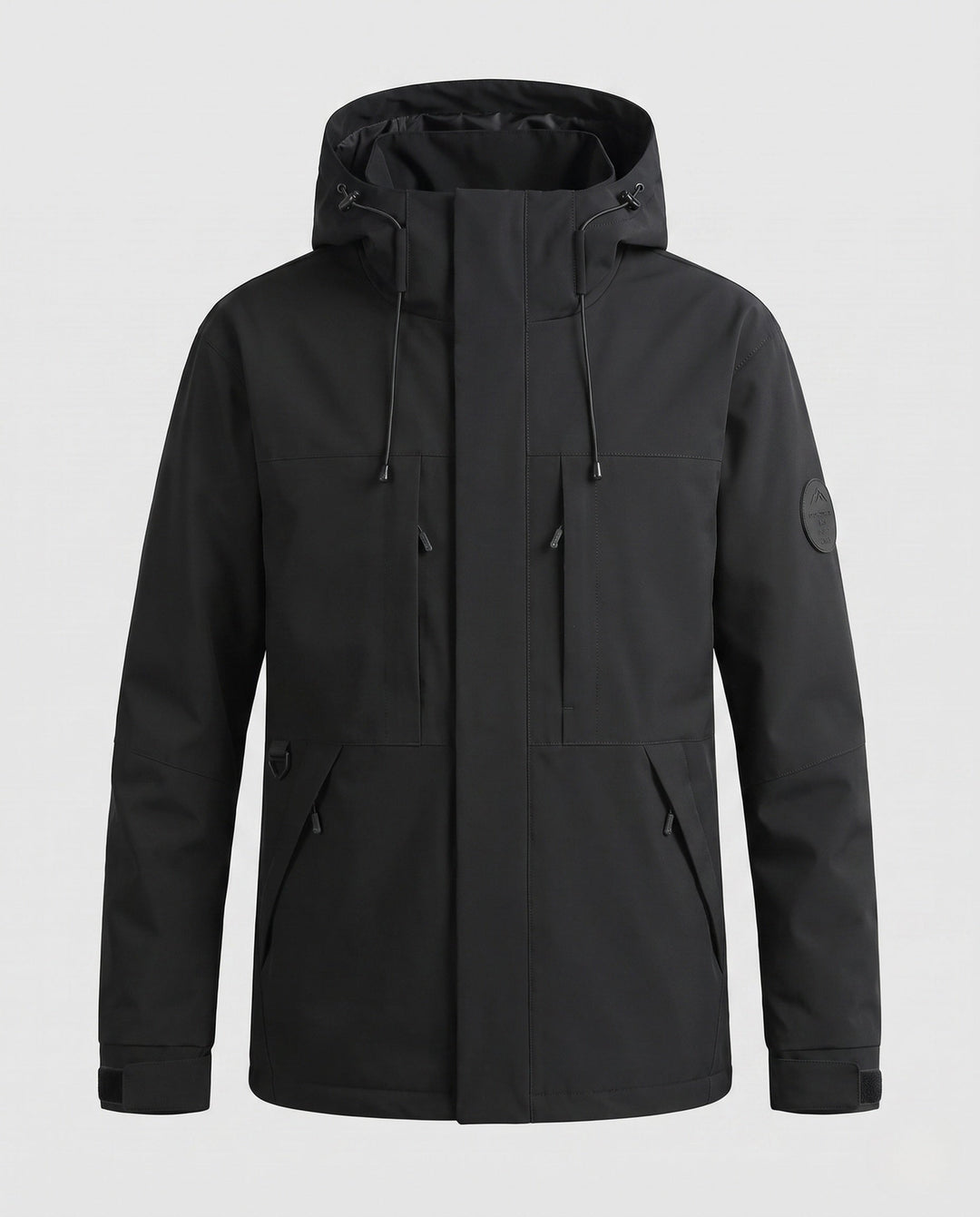 Men's technical, wind- and water-repellent hooded jacket with concealed front placket and multiple zip pockets