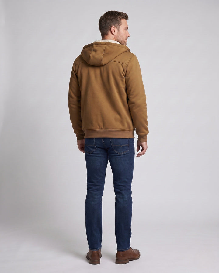 Men's thermal padded hoodie jacket with teddy lining, front flap pockets, and ribbed cuffs