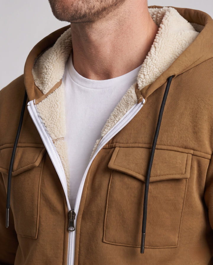 Men's thermal padded hoodie jacket with teddy lining, front flap pockets, and ribbed cuffs