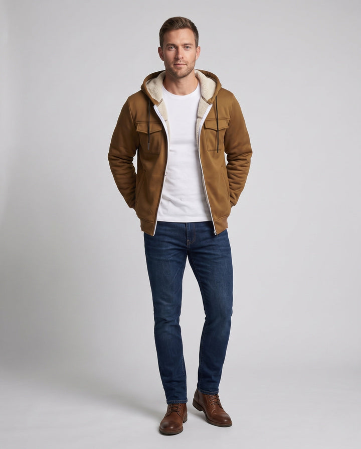 Men's thermal padded hoodie jacket with teddy lining, front flap pockets, and ribbed cuffs