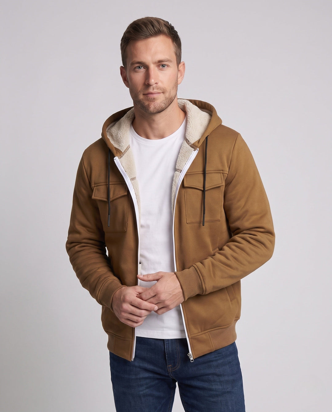 Men's thermal padded hoodie jacket with teddy lining, front flap pockets, and ribbed cuffs