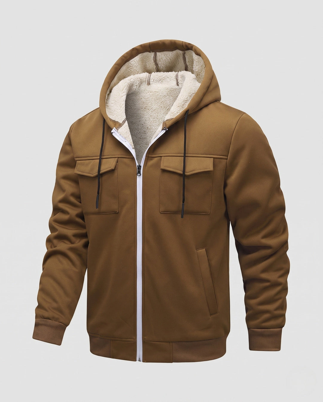Men's thermal padded hoodie jacket with teddy lining, front flap pockets, and ribbed cuffs