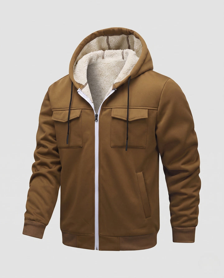 Men's thermal padded hoodie jacket with teddy lining, front flap pockets, and ribbed cuffs