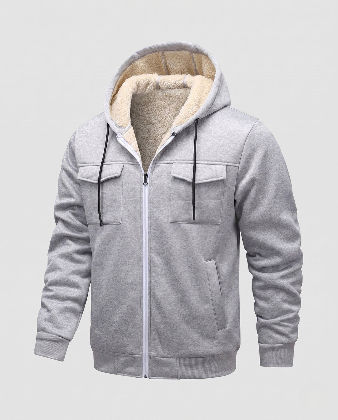 Men's thermal padded hoodie jacket with teddy lining, front flap pockets, and ribbed cuffs