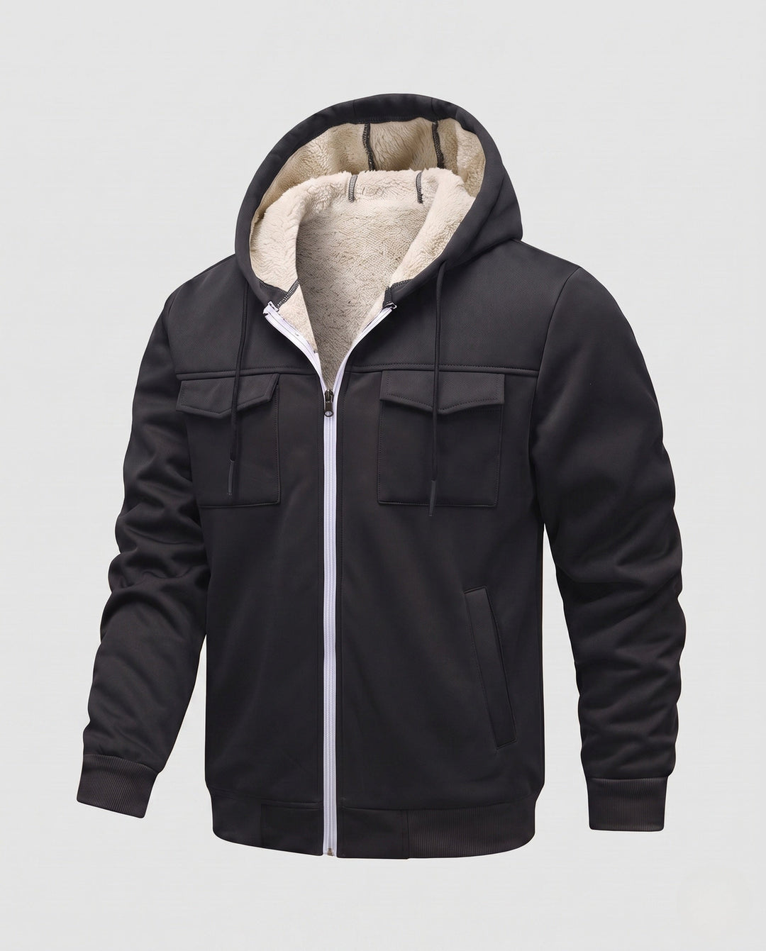 Men's thermal padded hoodie jacket with teddy lining, front flap pockets, and ribbed cuffs