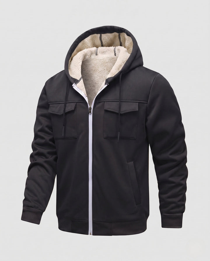 Men's thermal padded hoodie jacket with teddy lining, front flap pockets, and ribbed cuffs